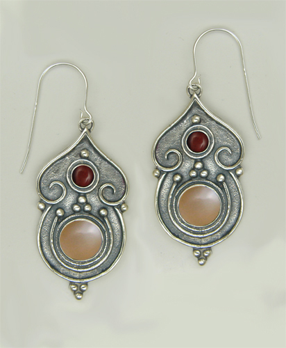 Sterling Silver Gothic Inspired Drop Dangle Earrings With Peach Moonstone And Red Tiger Eye